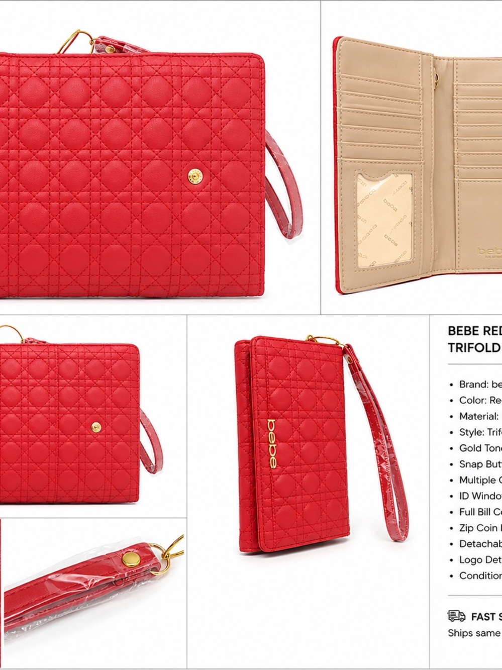 bebe Red Quilted Trifold Wristlet Wallet with Detachable Strap